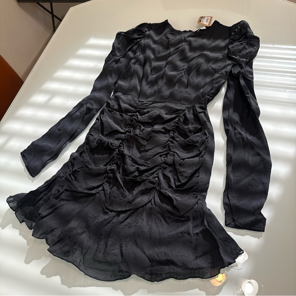 New Hyfve Ruched Puff Sleeve Black Dress S Small T9